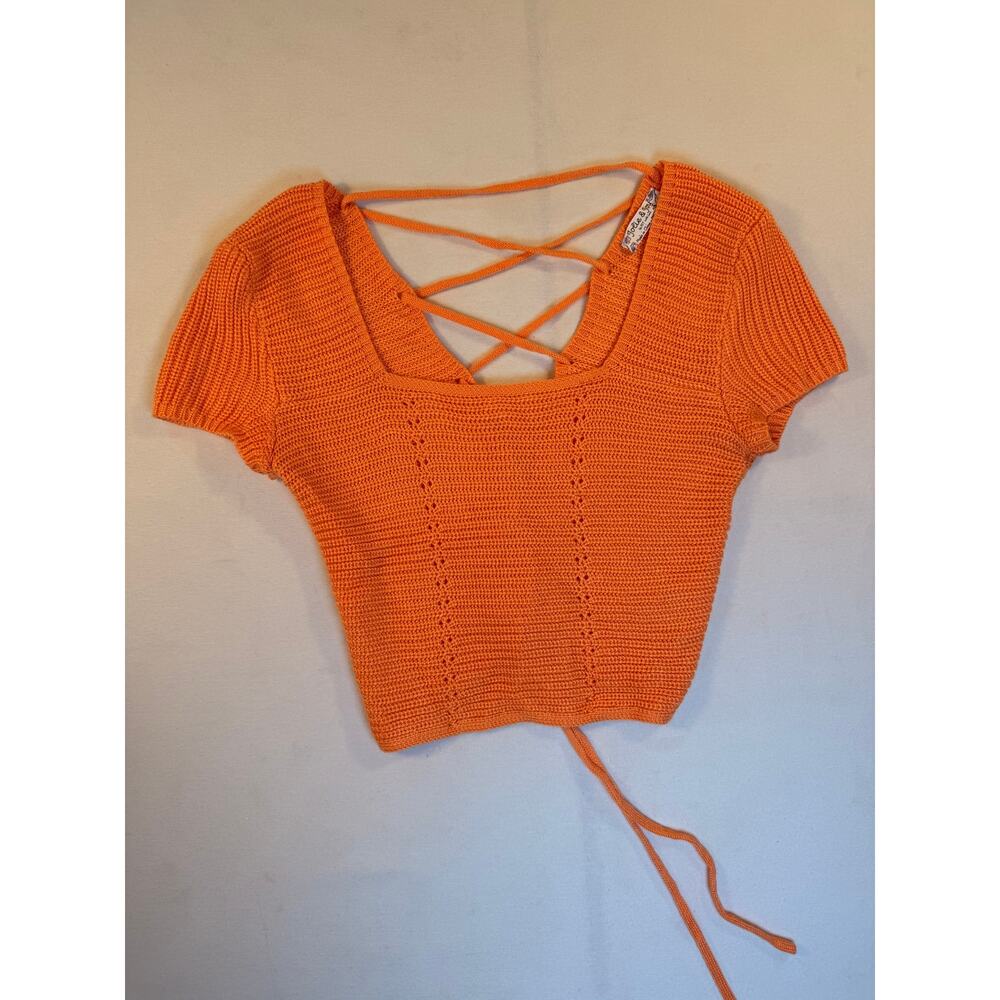 Jolie & Joy Orange Crochet Knit Lace Up Corset Crop Top Medium